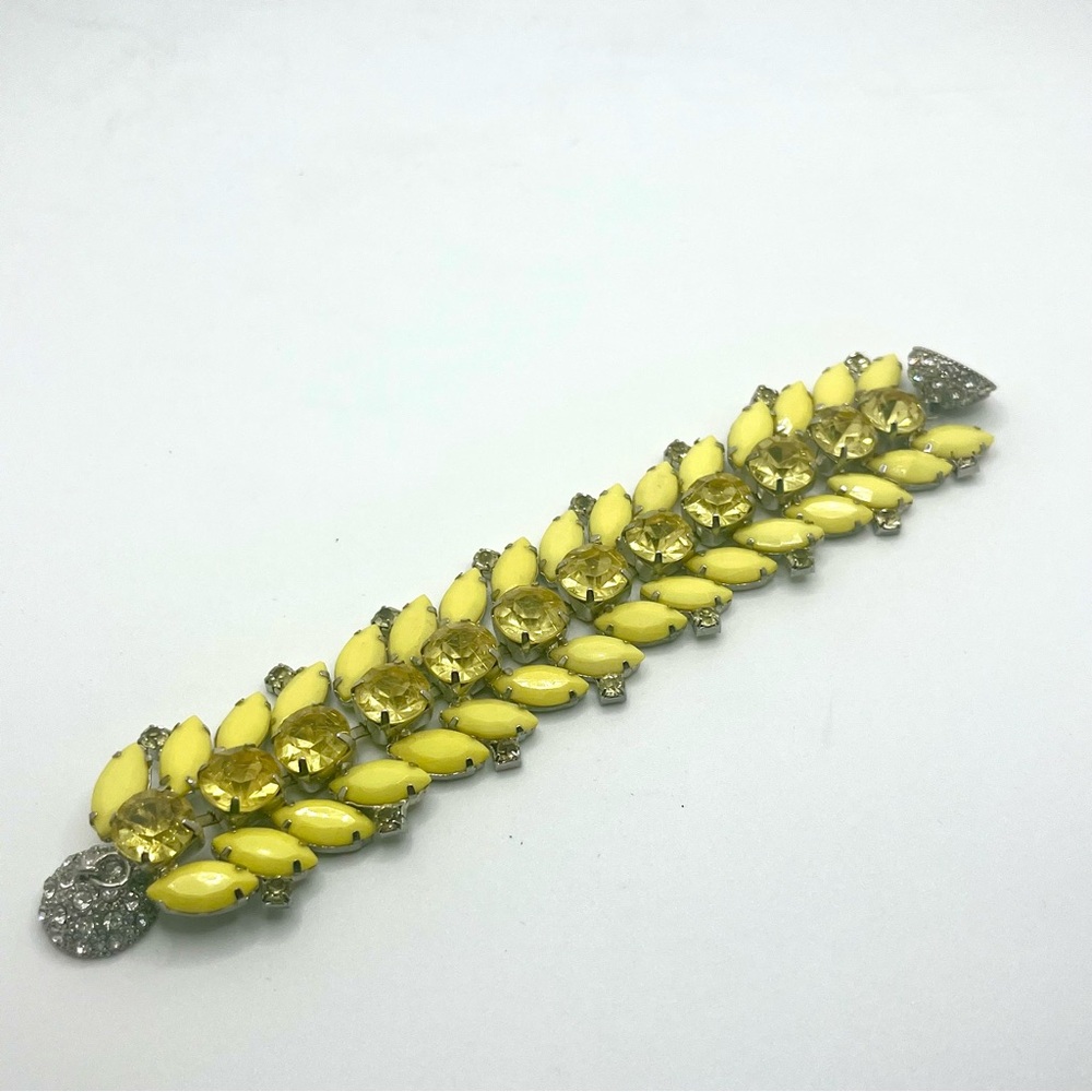 Vintage Yellow Rhinestone Statement Bracelet Lemo… - image 2